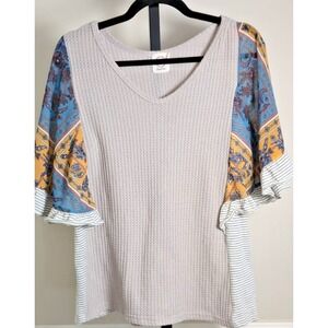 Grace & Emma Women's Xl Blush Thermal Floral/Striped Print‎ Bell Sleeve Shirt